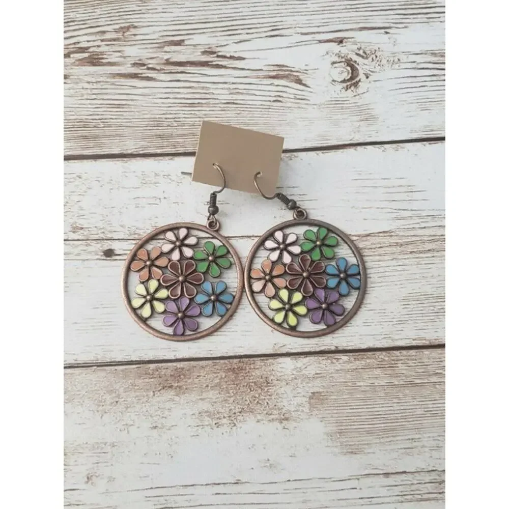 Beautiful Large Multi Color Flower Circle Earrings Statement - Brand New - Picture 3 of 4